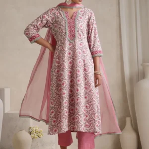 Women Floral Printed Angrakha Pure Cotton Kurta with Palazzos & With Dupatta