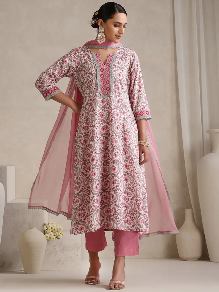 Women Floral Printed Angrakha Pure Cotton Kurta with Palazzos & With Dupatta